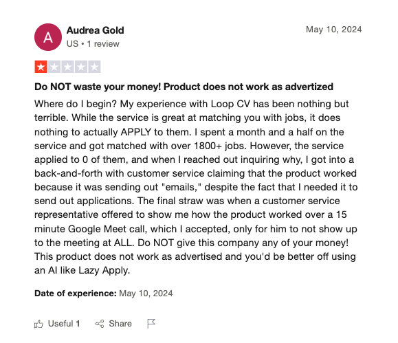 TrustPilot Review of LoopCV - No funciona como se anuncia